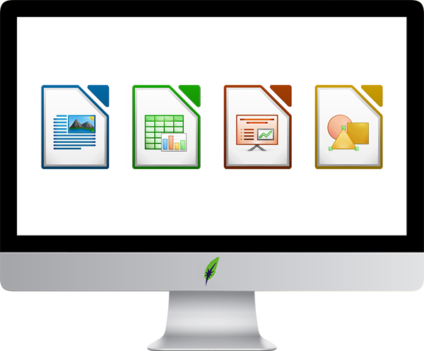 Screenschot computerscherm met iconen LibreOffice Writer - LibreOffice Calc - LibreOffice Impress - LibreOffice Access - in kleur op transparante achtergrond - 600 * 496 pixels
